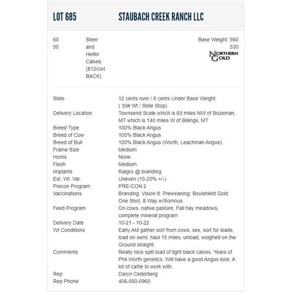 Staubach Creek Ranch LLC - 60/50 Steers/Heifers; Base Weight: 560/530
