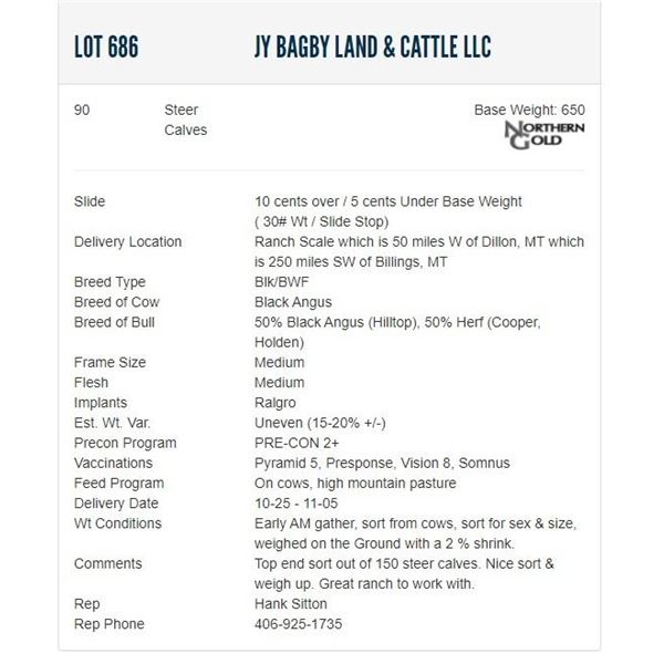 JY Bagby Land & Cattle LLC - 90 Steers; Base Weight: 650