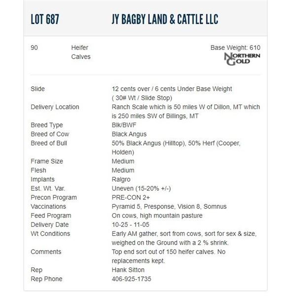 JY Bagby Land & Cattle LLC - 90 Heifers; Base Weight: 610