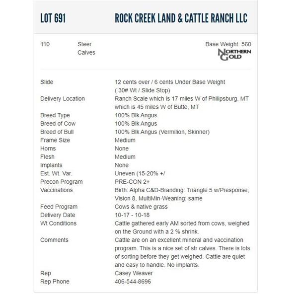 Rock Creek Land & Cattle Ranch LLC - 110 Steers; Base Weight: 560
