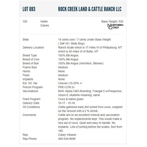 Rock Creek Land & Cattle Ranch LLC - 100 Heifers; Base Weight: 530