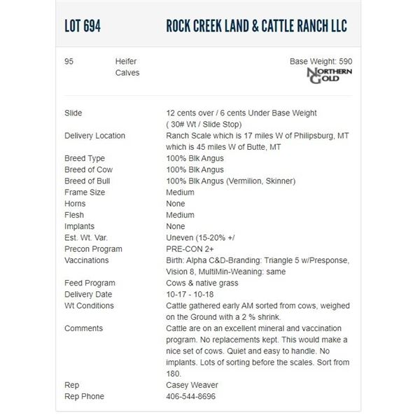 Rock Creek Land & Cattle Ranch LLC - 95 Heifers; Base Weight: 590