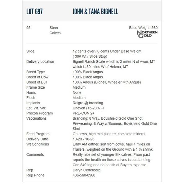 John & Tana Bignell - 95 Steers; Base Weight: 560