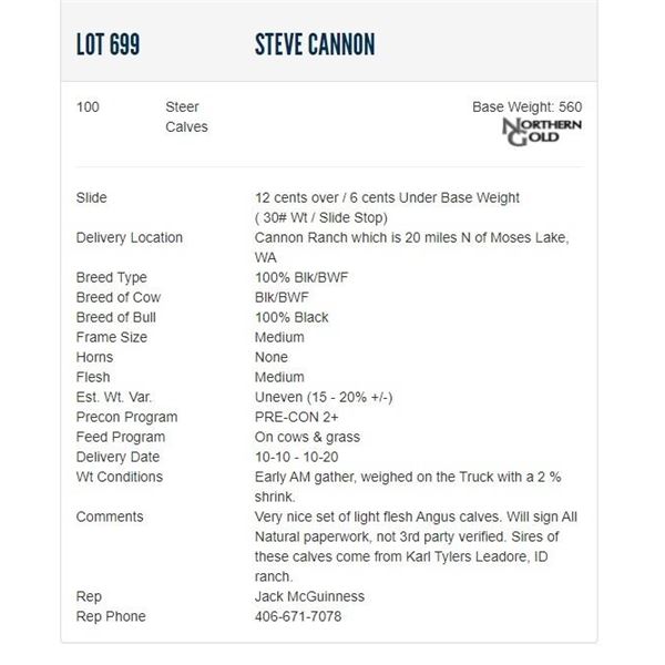 Steve Cannon - 100 Steers; Base Weight: 560