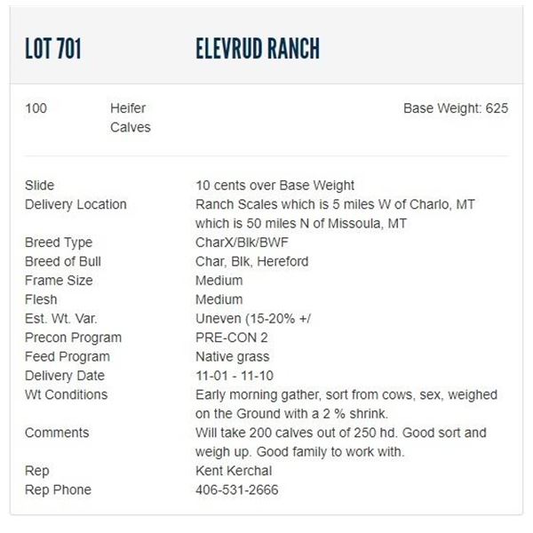 Elevrud Ranch - 100 Heifers; Base Weight: 625