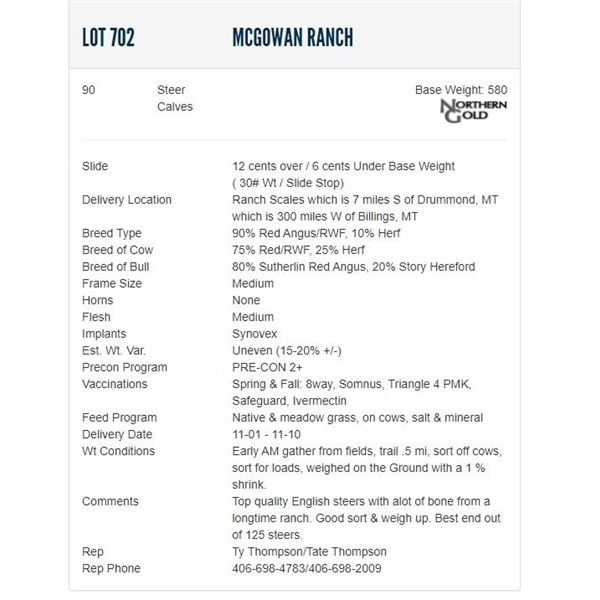 McGowan Ranch - 90 Steers; Base Weight: 580