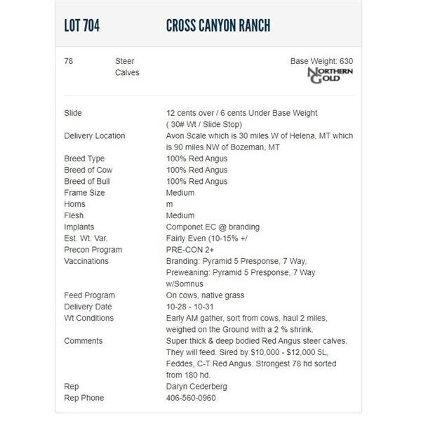 Cross Canyon Ranch - 78 Steers; Base Weight: 630