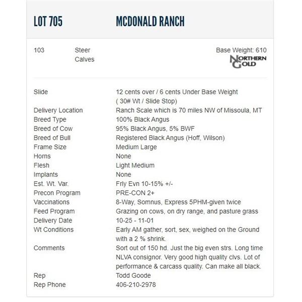 McDonald Ranch - 103 Steers; Base Weight: 610