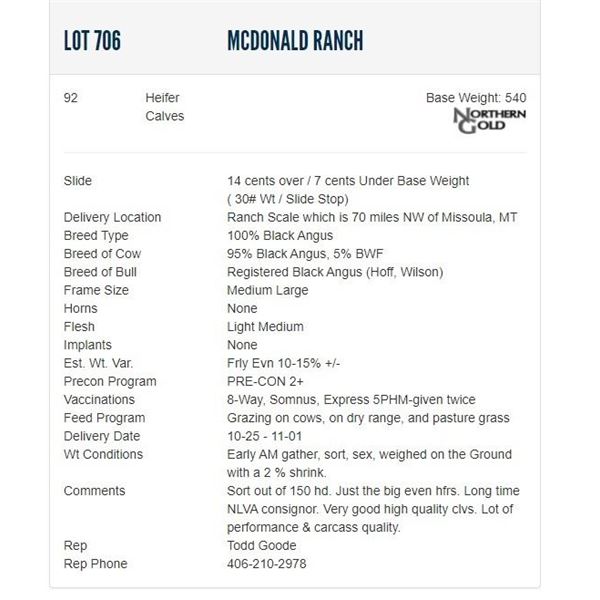 McDonald Ranch - 92 Heifers; Base Weight: 540