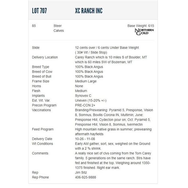 XC Ranch Inc - 85 Steers; Base Weight: 615