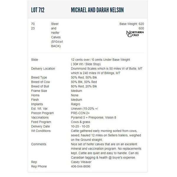 Michael and Darah Nelson - 70/23 Steers/Heifers; Base Weight: 620/600