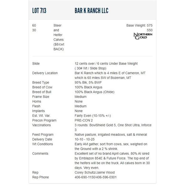 Bar K Ranch LLC - 60/30 Steers/Heifers; Base Weight: 575/550