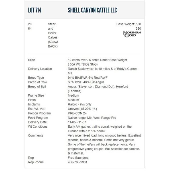 Shiell Canyon Cattle LLC - 20/64 Weaned Steers/Heifers; Base Weight: 580/580