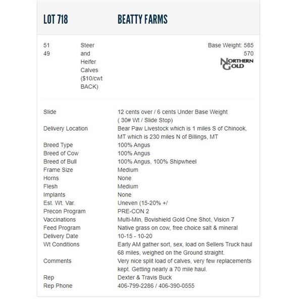 Beatty Farms - 51/49 Steers/Heifers; Base Weight: 585/570