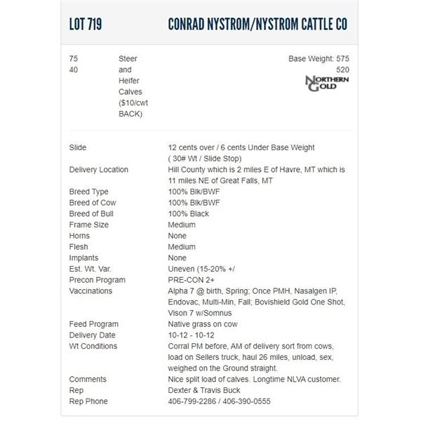 Conrad Nystrom/Nystrom Cattle Co - 75/40 Steers/Heifers; Base Weight: 575/520