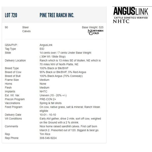 Pine Tree Ranch Inc. - 90 Steers; Base Weight: 525