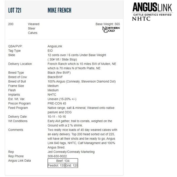 Mike French - 200 Weaned Steers; Base Weight: 565