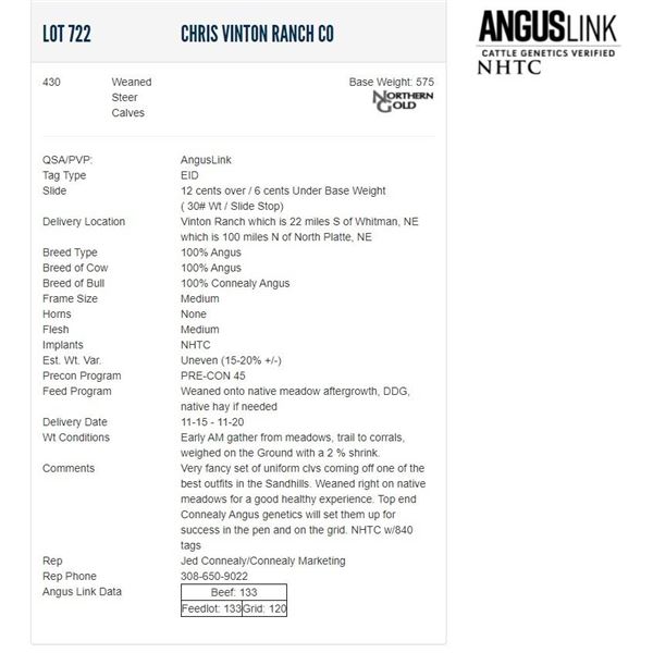 Chris Vinton Ranch Co - 430 Weaned Steers; Base Weight: 575
