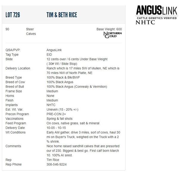 Tim & Beth Rice - 90 Steers; Base Weight: 600