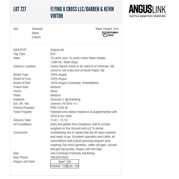 Flying U Cross LLC/Darren & Kevin Vinton - 400 Weaned Steers; Base Weight: 615