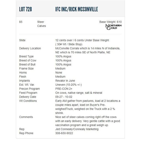 IFC Inc/Rick McConville - 85 Steers; Base Weight: 610