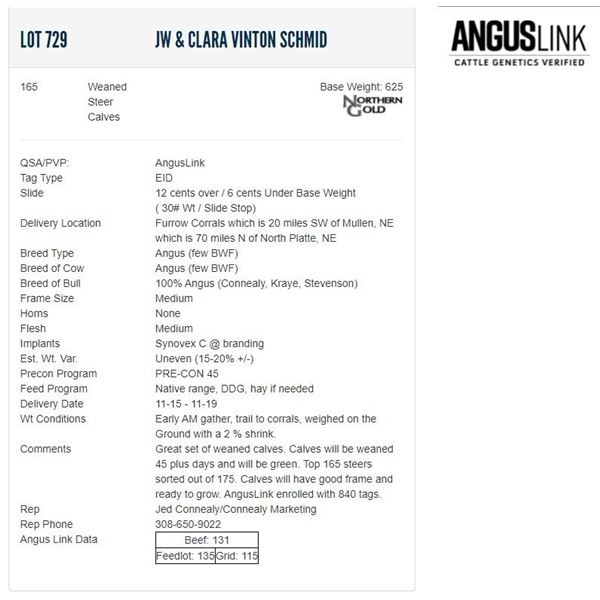JW & Clara Vinton Schmid - 165 Weaned Steers; Base Weight: 625