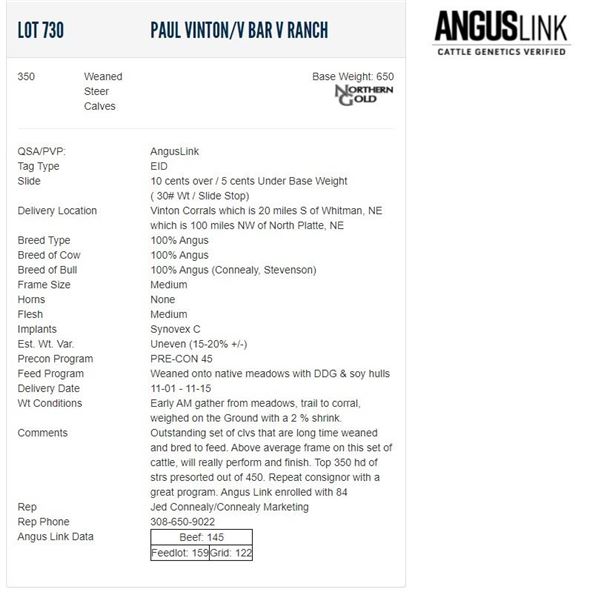 Paul Vinton/V Bar V Ranch - 350 Weaned Steers; Base Weight: 650