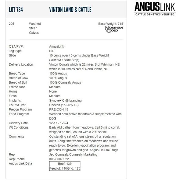 Vinton Land & Cattle - 205 Weaned Steers; Base Weight: 715