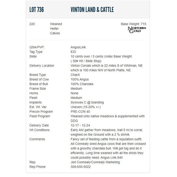 Vinton Land & Cattle - 220 Weaned Heifers; Base Weight: 715