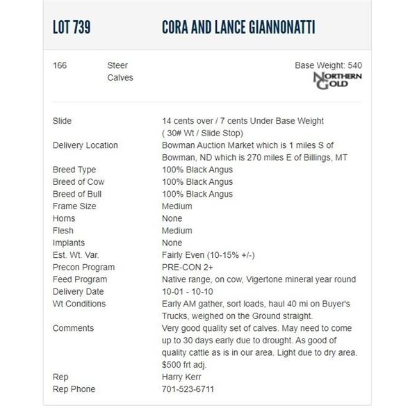 Cora and Lance Giannonatti - 166 Steers; Base Weight: 540