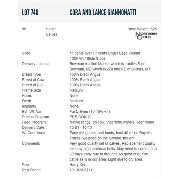 Cora and Lance Giannonatti - 95 Heifers; Base Weight: 525