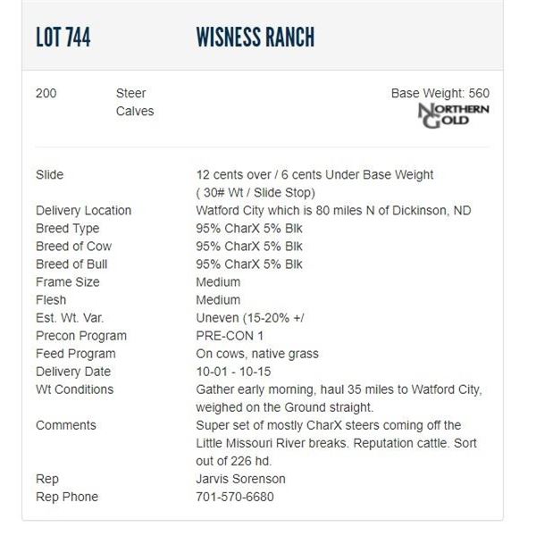 Wisness Ranch - 200 Steers; Base Weight: 560