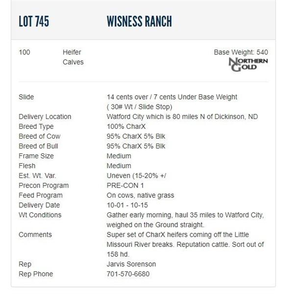 Wisness Ranch - 100 Heifers; Base Weight: 540