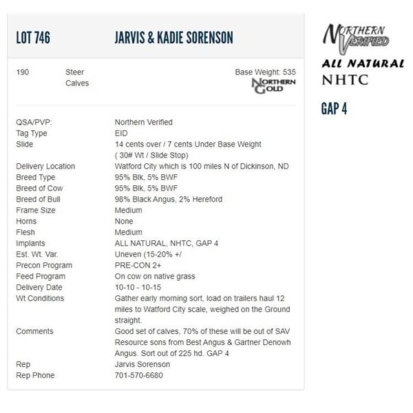 Jarvis & Kadie Sorenson - 190 Steers; Base Weight: 535