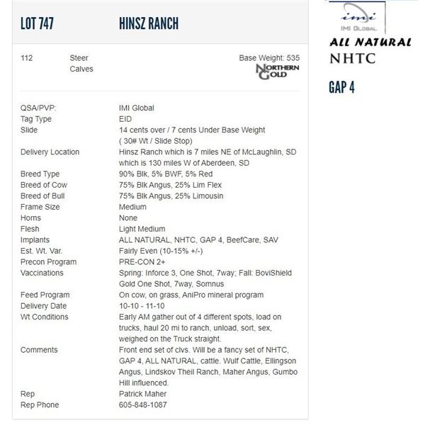 Hinsz Ranch - 112 Steers; Base Weight: 535