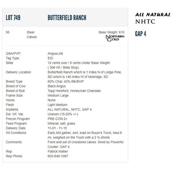 Butterfield Ranch - 95 Steers; Base Weight: 610