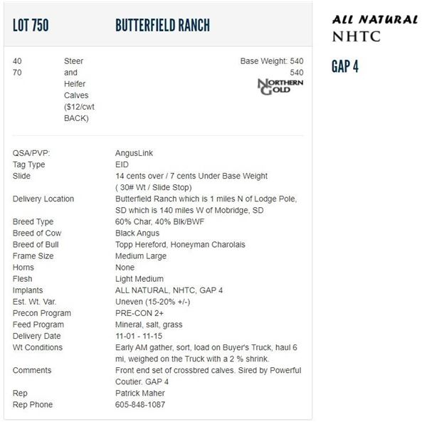 Butterfield Ranch - 40/70 Steers/Heifers; Base Weight: 540/540