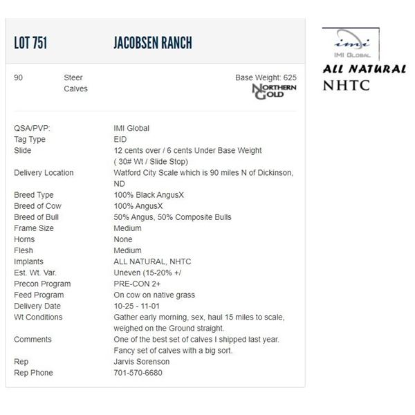 Jacobsen Ranch - 90 Steers; Base Weight: 625