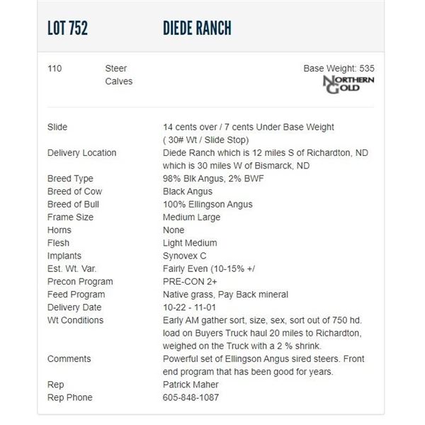 Diede Ranch - 110 Steers; Base Weight: 535