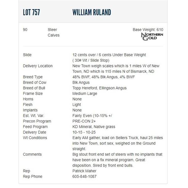 William Ruland - 90 Steers; Base Weight: 610