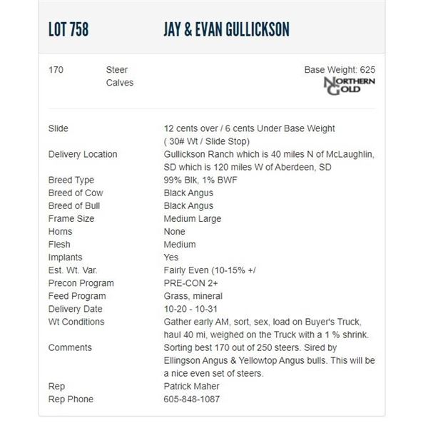 Jay & Evan Gullickson - 170 Steers; Base Weight: 625