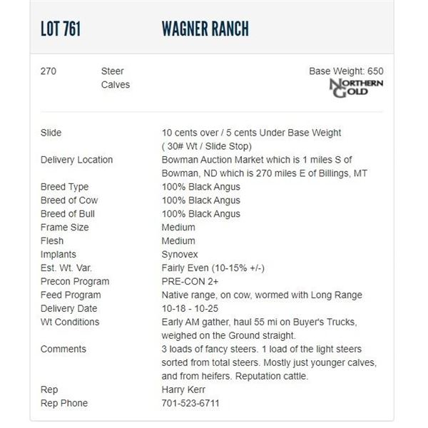 Wagner Ranch - 270 Steers; Base Weight: 650