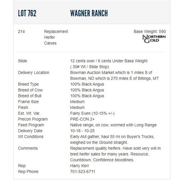 Wagner Ranch - 214 Replacement Heifers; Base Weight: 590