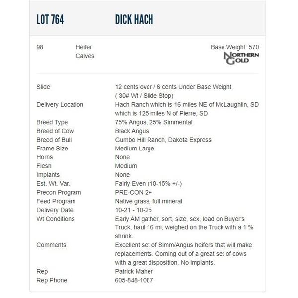 Dick Hach - 98 Heifers; Base Weight: 570