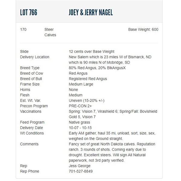 Joey & Jerry Nagel - 170 Steers; Base Weight: 600