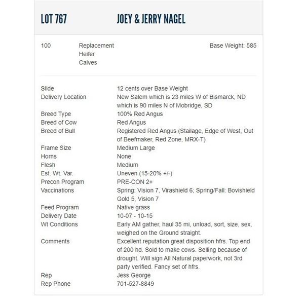Joey & Jerry Nagel - 100 Replacement Heifers; Base Weight: 585