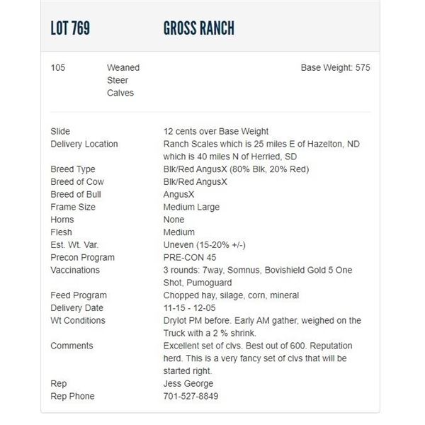 Gross Ranch - 105 Weaned Steers; Base Weight: 575