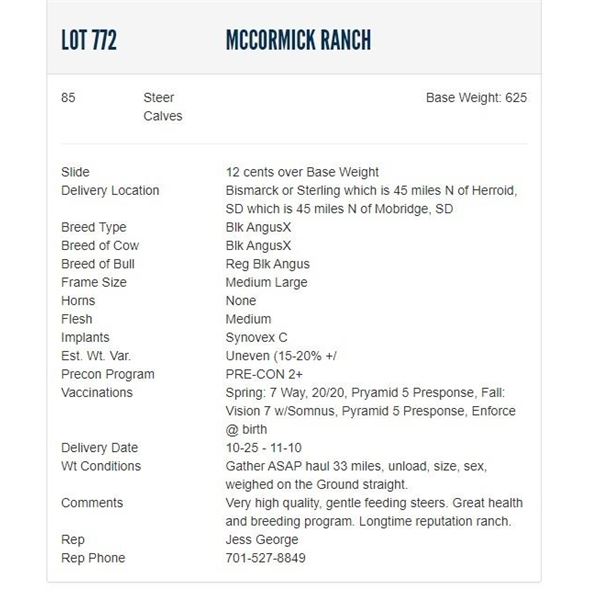 McCormick Ranch - 85 Steers; Base Weight: 625