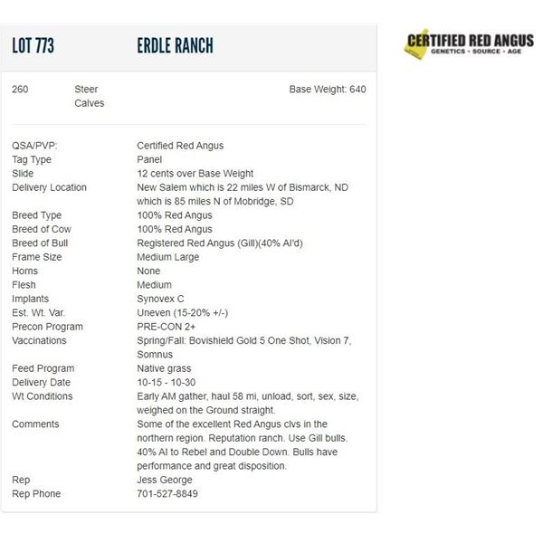 Erdle Ranch - 260 Steers; Base Weight: 640