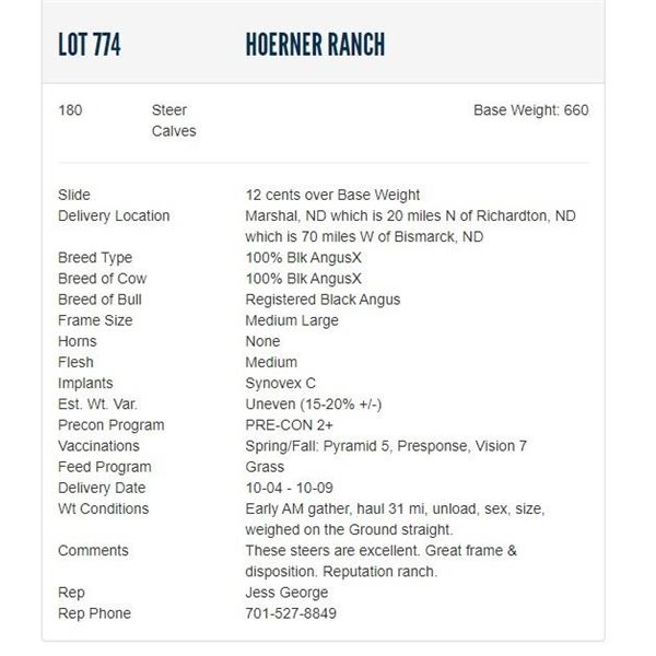Hoerner Ranch - 180 Steers; Base Weight: 660